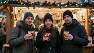 Friends Sipping Mulled Wine At A Festive Outdoor Christmas Market Stall
