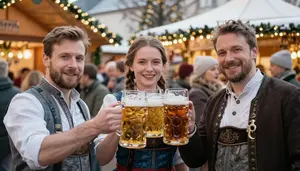 Friends Toasting With Beer Steins At A Traditional German Christmas Market