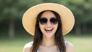 Girl Laughing While Wearing Oversized Sunglasses And A Straw Beach Hat