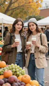 Girlfriends Holding Coffee Cups And Browsing A Farmers Market In Fall