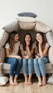 Girls Sitting On A Couch In A Pillow Fort Gossiping And Giggling