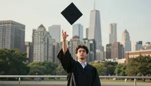 Graduate Throwing A Cap In The Air With A City Skyline Behind