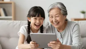 Grandmother And Granddaughter Looking At A Tablet And Laughing Together