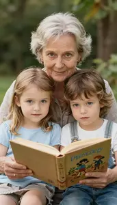 Grandmother Reading A Fairy Tale To Two Wide Eyed Little Children