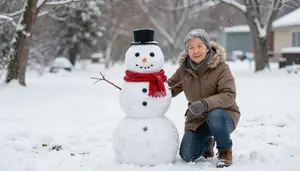 Grandparent And Child Building Snowman In Winter Coat