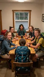 Group Of Backpackers Telling Stories Around A Hostel Common Room Table