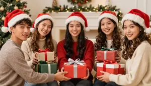 Group Of Friends Exchanging Gifts At Christmas Morning