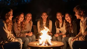 Group Of Friends Laughing Around A Fire Pit On A Crisp Night