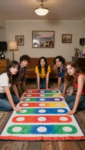 Group Of Friends Playing Twister In A 70s Themed Retro Basement Room
