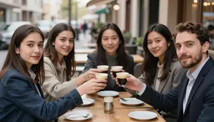 Group Of Friends Toasting With Espresso Cups On A Sidewalk Cafe Terrace
