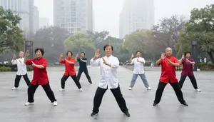 Group Of Seniors Doing Tai Chi In A Misty City Park