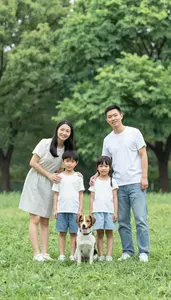 Happy Family Of Four Playing With A Dog In A Lush Green Park