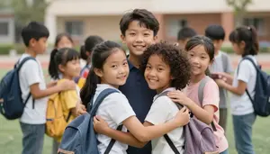 Happy Multiethnic Children Hugging Each Other In A Schoolyard During Recess