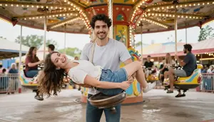 Husband Spinning His Laughing Wife Around At A Carnival Fairground