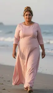 Indian Woman In Her 40s With Very Obese With Blonde Bun Updo Wearing Soft Pink