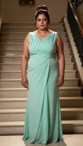 Indian Woman In Her 40s With Fat With Red Chignon Wearing Mint Draped Evening