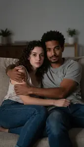 Interracial Couple Embracing While Watching A Movie On The Sofa