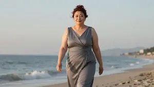 Japanese Mature Woman With Pear Shaped Figure With Red Messy Bun Wearing Slate