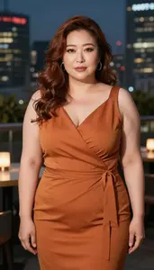 Japanese Mature Woman With Large Build Figure With Auburn Beach Waves Wearing