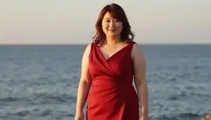Japanese Woman In Her Mid 20s With Fat With Auburn Shoulder Length Hair Wearing