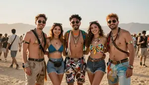 Joyful Friends Wearing Colorful Outfits At A Music Festival In The Desert