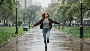 Joyful Person Dancing In The Rain In A City Park