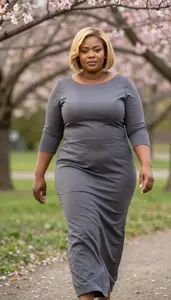 Kenyan Woman In Her Late 30s With Obese With Blonde Bob Haircut Wearing Slate