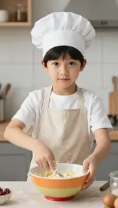 Kid Chef Wearing An Apron And Mixing Batter In A Colorful Bowl