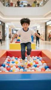 Kid Jumping Into A Ball Pit At An Indoor Playground In A Mall