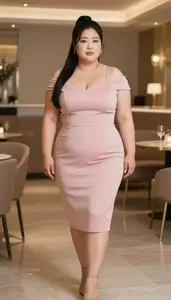 Korean Mature Woman With Robust Figure With Jet Black High Ponytail Wearing Soft