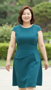 Korean Woman In Her Early 30s With Fat With Chestnut Bob Haircut Wearing Teal
