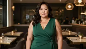 Korean Woman In Her 50s With Heavyset Figure With Dark Brown Wavy Hair Wearing
