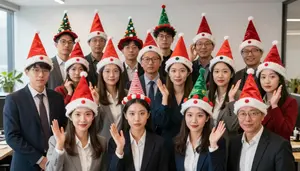 Large Group Of Coworkers Wearing Silly Hats For An Office Christmas Photo