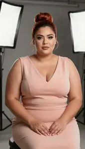 Latina Mature Woman With Robust Figure With Auburn Bun Updo Wearing Peach Modest