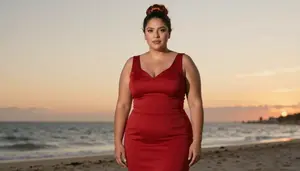 Latina Woman In Her Early 20s With Soft And Curvy Figure With Copper Chignon