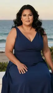 Latina Woman In Her 50s With Heavy With Jet Black Wavy Hair Wearing Midnight