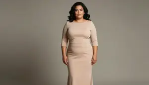 Latina Woman In Her 40s With Fat With Black Textured Hair Wearing Nude Three