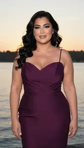 Lebanese Mature Woman With Very Fat With Jet Black Wavy Hair Wearing Plum Empire