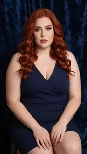 Lebanese Woman In Her Mid 20s With Curvy Figure With Red Wavy Hair Wearing Navy