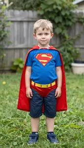 Little Boy Wearing A Superhero Cape Playing In The Backyard