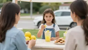 Little Girl Selling Lemonade And Cookies To Neighbors At A Curbside Stand