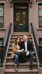 Loving Couple Sitting On The Steps Of A Brownstone In Autumn