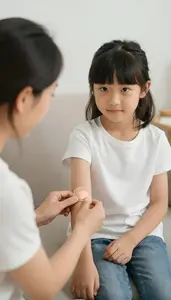 Loving Mother Putting A Bandage On Her Daughters Scraped Elbow