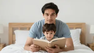 Loving Single Father Reading A Bedtime Story To His Child