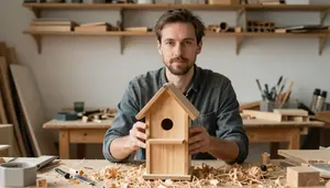 Man Building A Birdhouse In A Workshop Surrounded By Wood Shavings