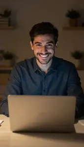 Man Closing A Laptop With A Relieved Smile Finishing Work Late Night