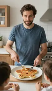 Man Cooking Pancakes Shaped Like Animals For His Children On A Saturday