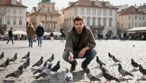 Man Feeding Pigeons In A Historic Cobblestone European Plaza Square