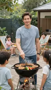 Man Grilling Burgers And Vegetables On A Deck While Family Plays
