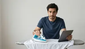 Man Ironing A Shirt While Watching A Tutorial On A Tablet